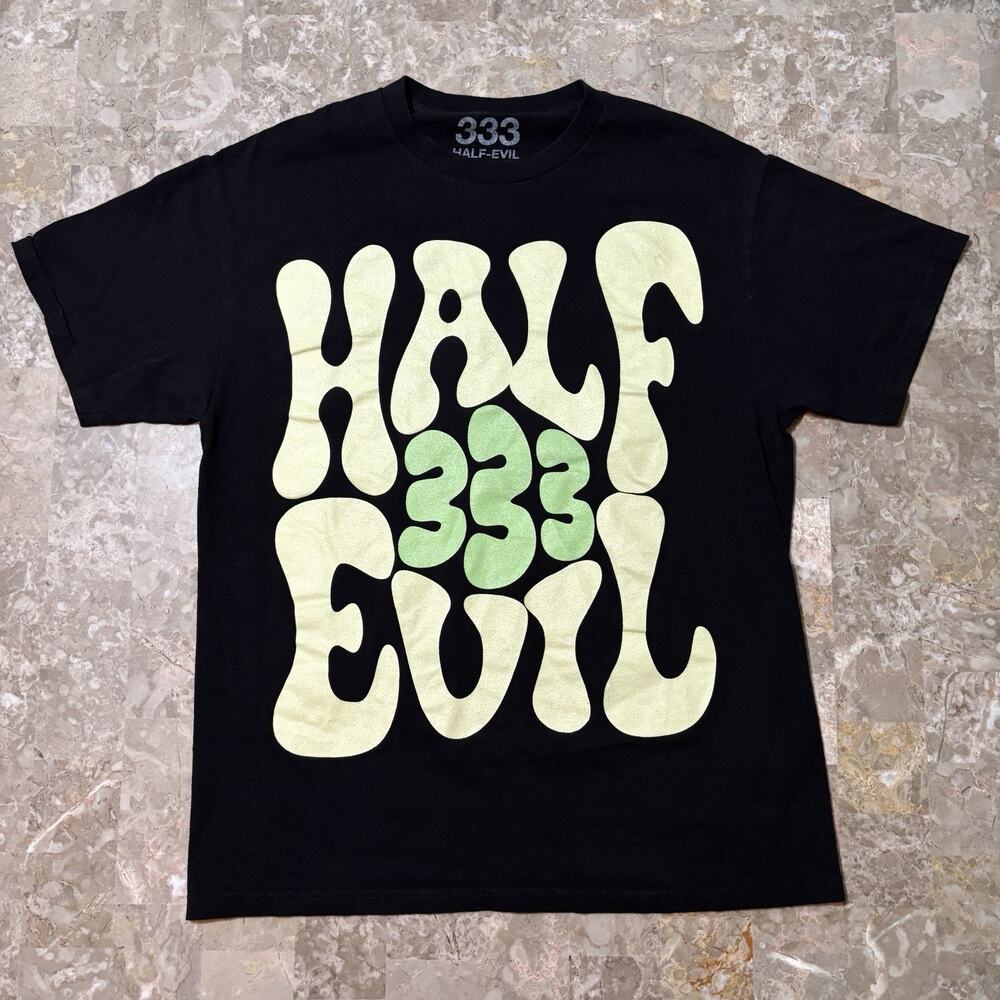 333 Half Evil T Shirt Mens Large Black Textured Print Short Sleeve Big Graphic